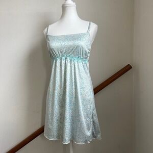 Vintage Y2K Blue Animal Print‎ Babydoll Mini Slip Dress Lace Trim Size Medium